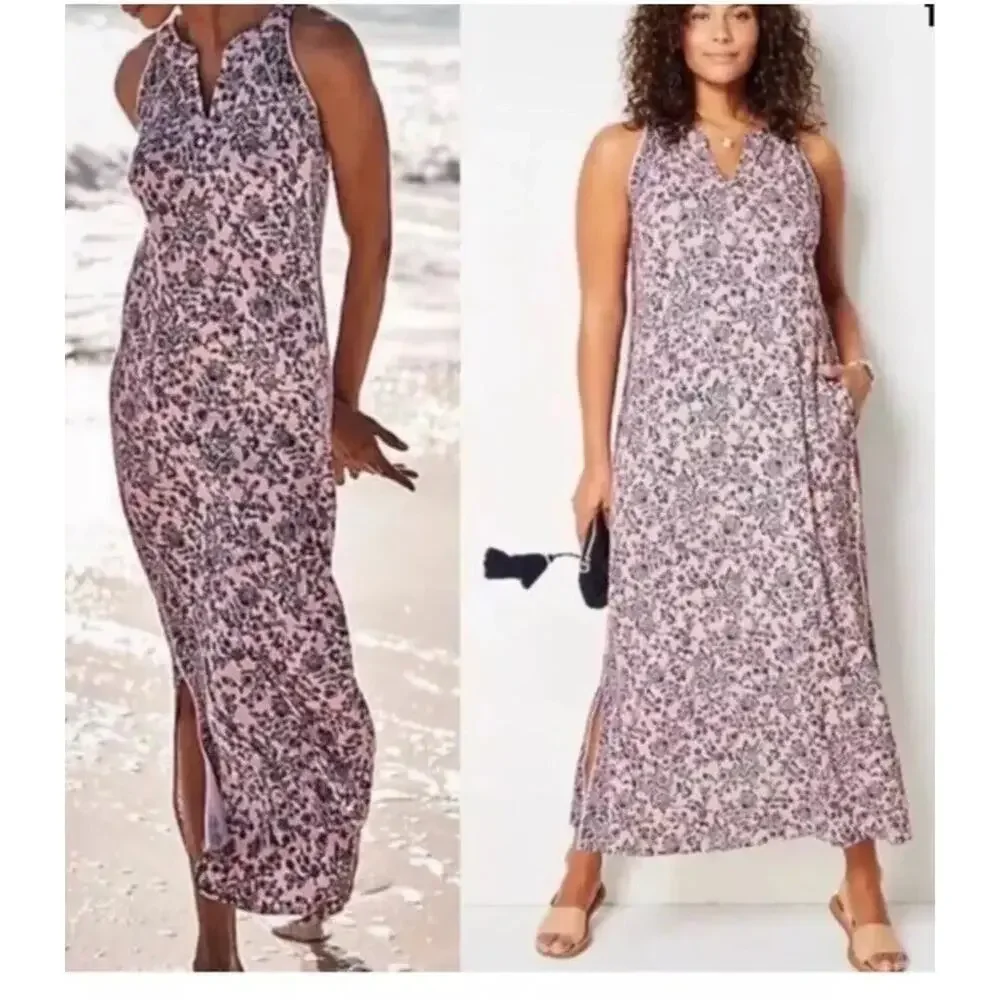 J Jill MP Island Breeze Blush Pink Blue Floral Maxi Dress Fairy Sleeveless Bloom - Picture 2 of 11